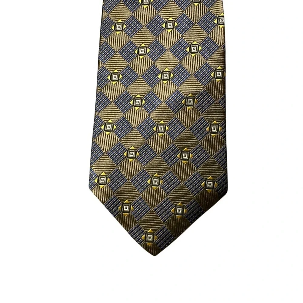 Herve Paris Milan Silk Tie Mens Gold Navy Blue Geometric Diamond Made in Italy